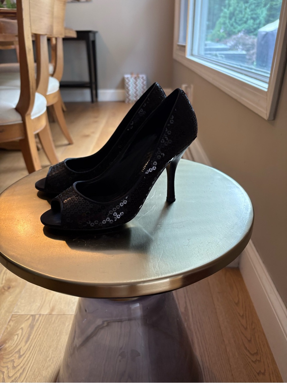 Enzo Angiolini Black Sequin Peep-Toe Stilettos